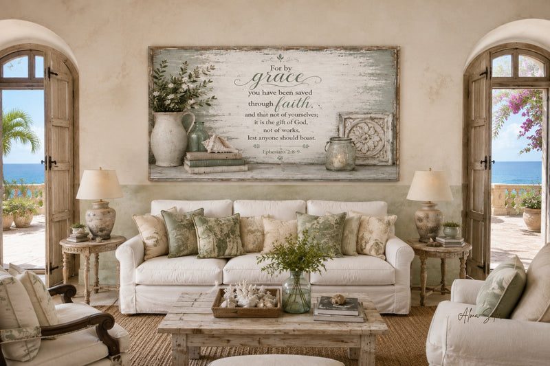 For by Grace You Have Been Saved Ephesians 2:8-9 stretched canvas wall art in a coastal living room
