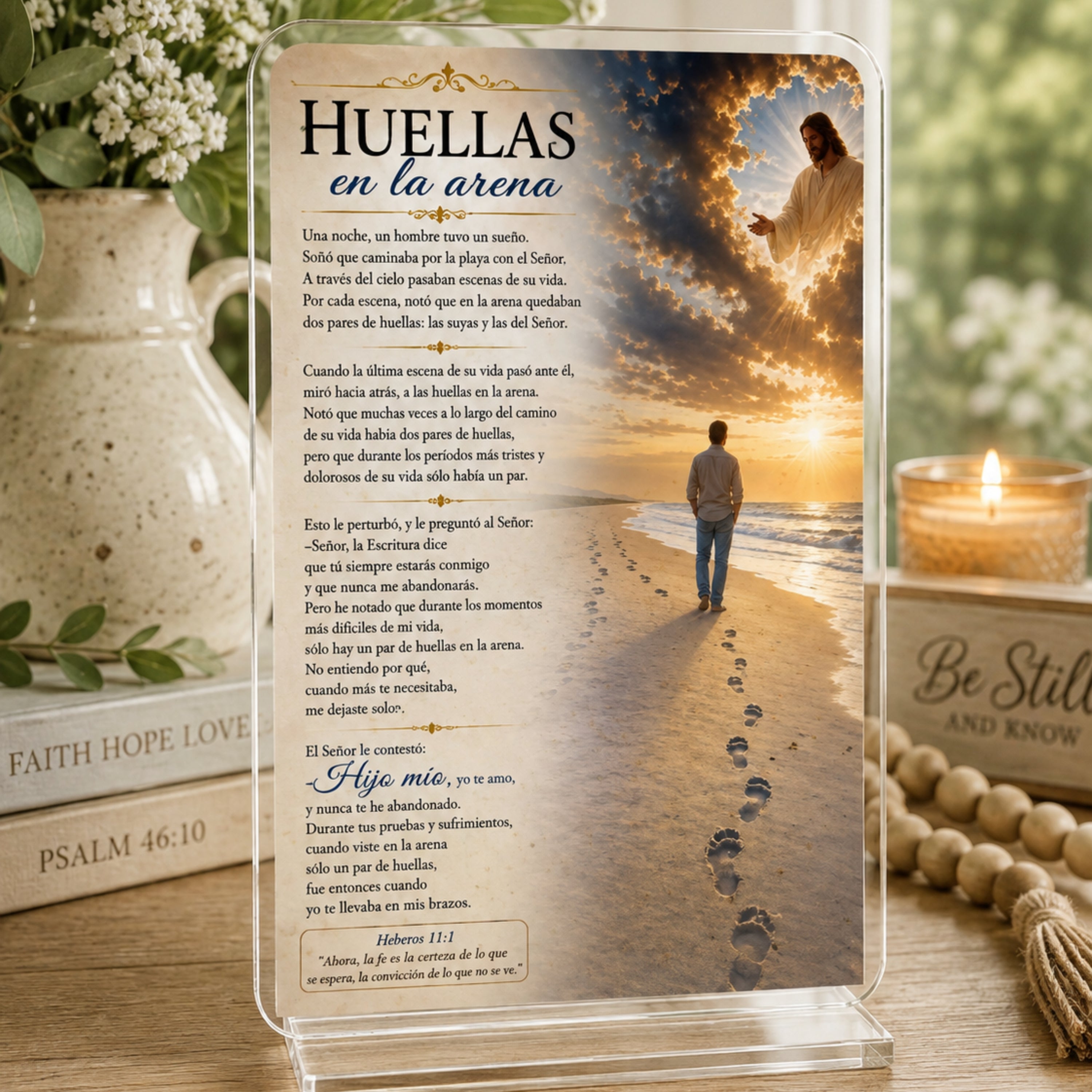 Huellas en la Arena — Christian Acrylic Tabletop Plaque | 4×6