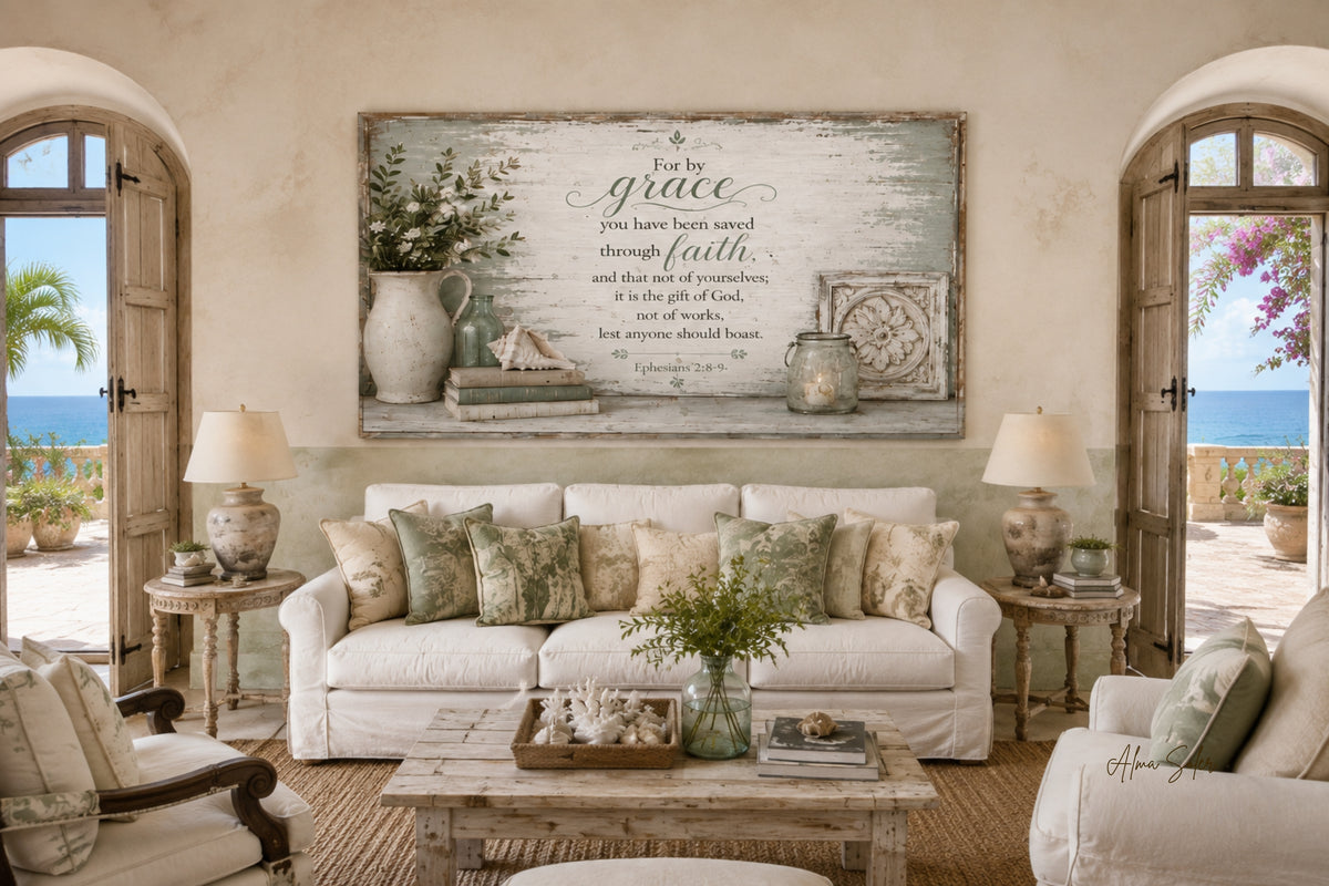 For by Grace You Have Been Saved Ephesians 2:8-9 stretched canvas wall art in a coastal living room
