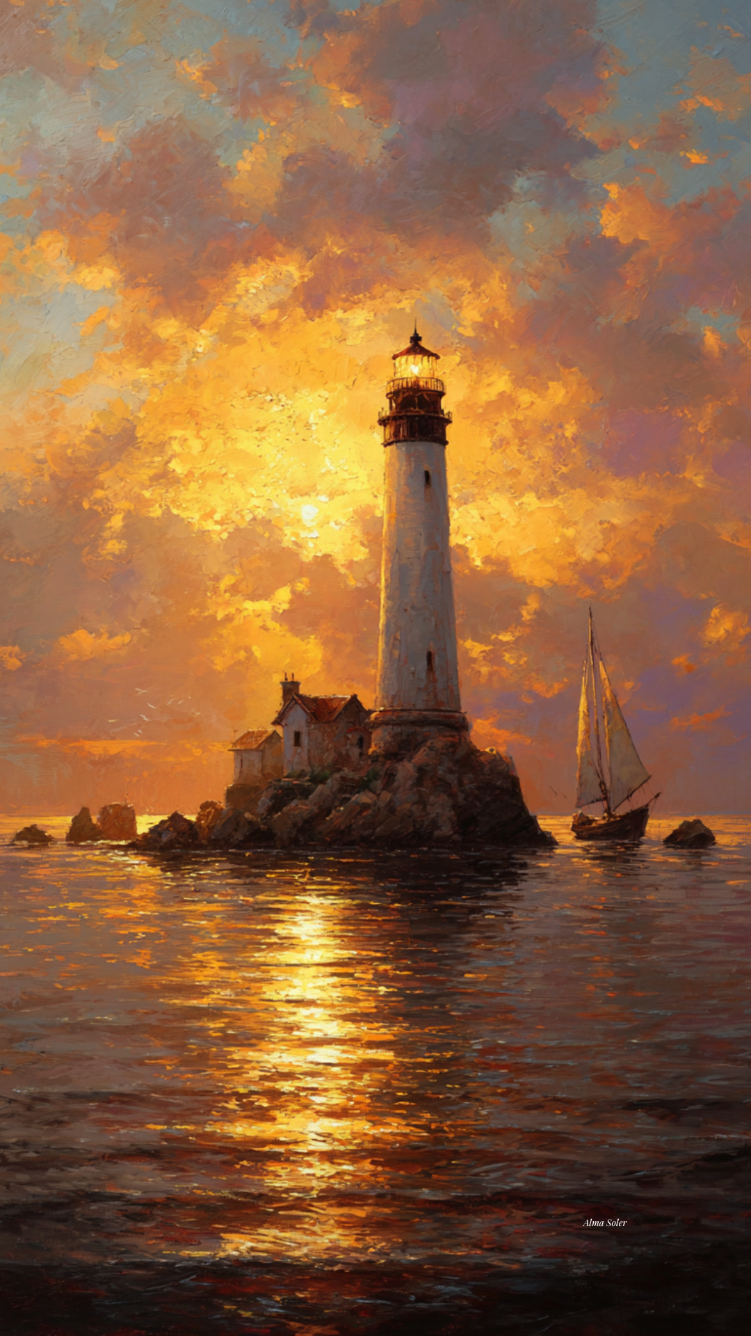 Lighthouse in Golden Fire — Digital Art Print