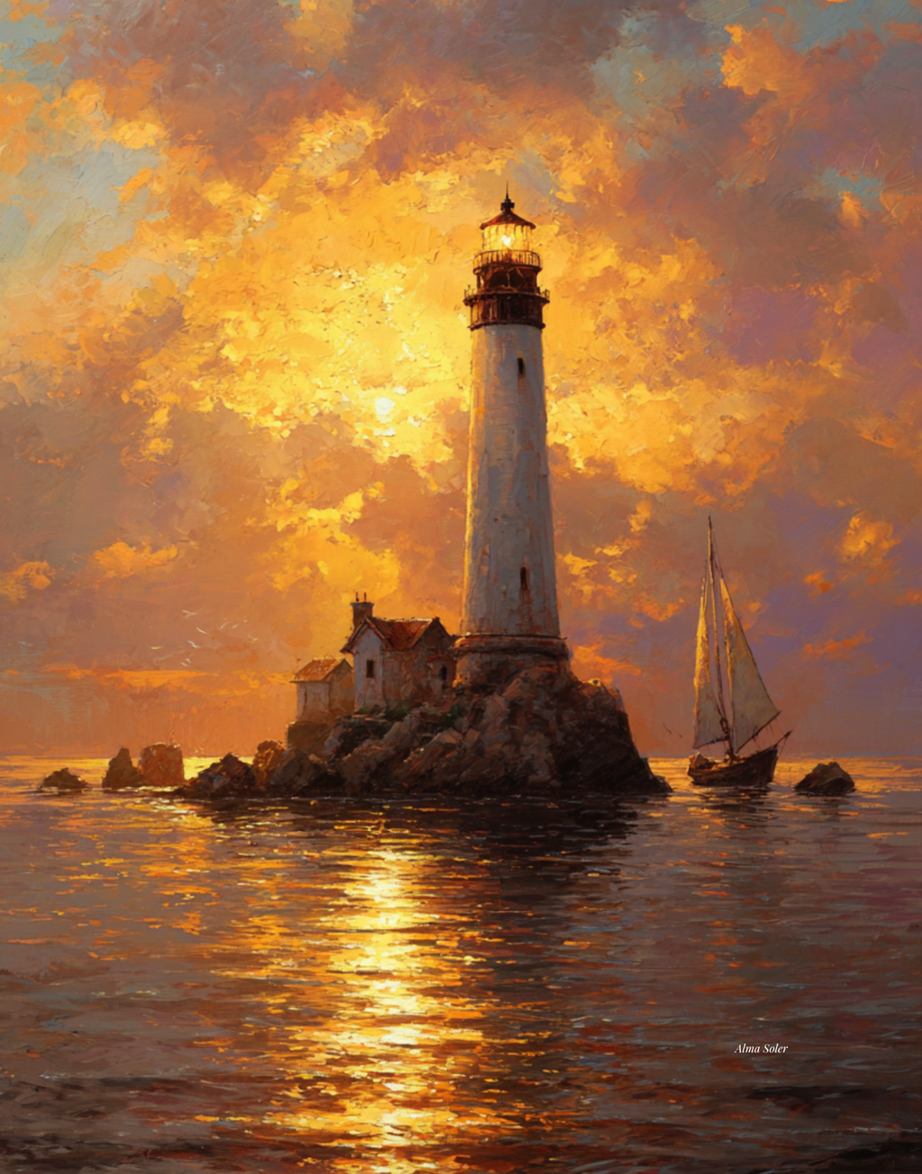 Lighthouse in Golden Fire — Digital Art Print