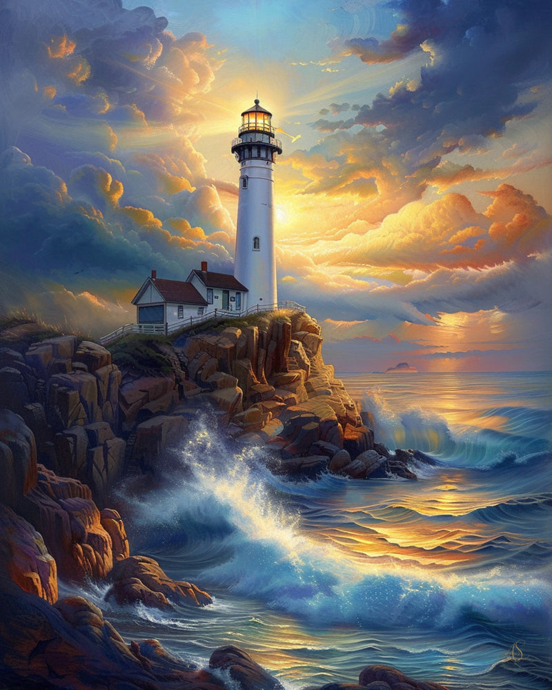 The Light That Never Sleeps — Coastal Lighthouse Oil Painting Print