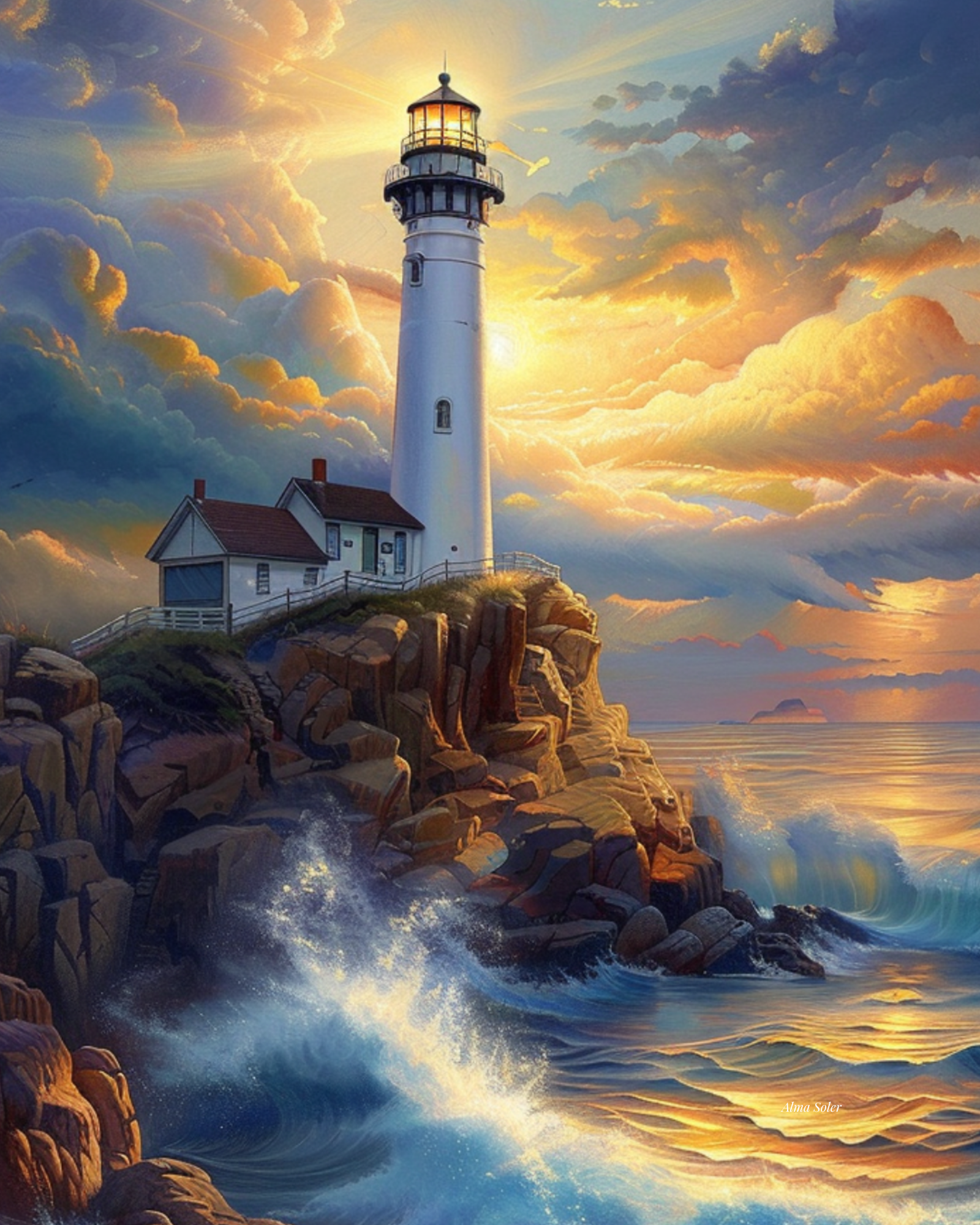 The Light That Never Sleeps — Coastal Lighthouse Oil Painting Digital Print