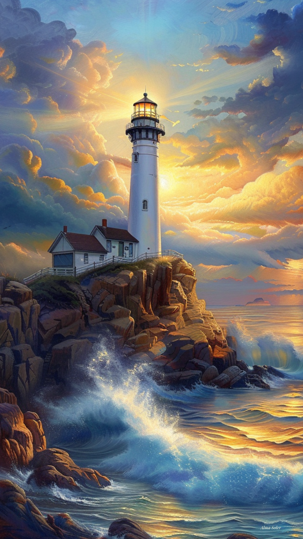The Light That Never Sleeps — Coastal Lighthouse Oil Painting Digital Print