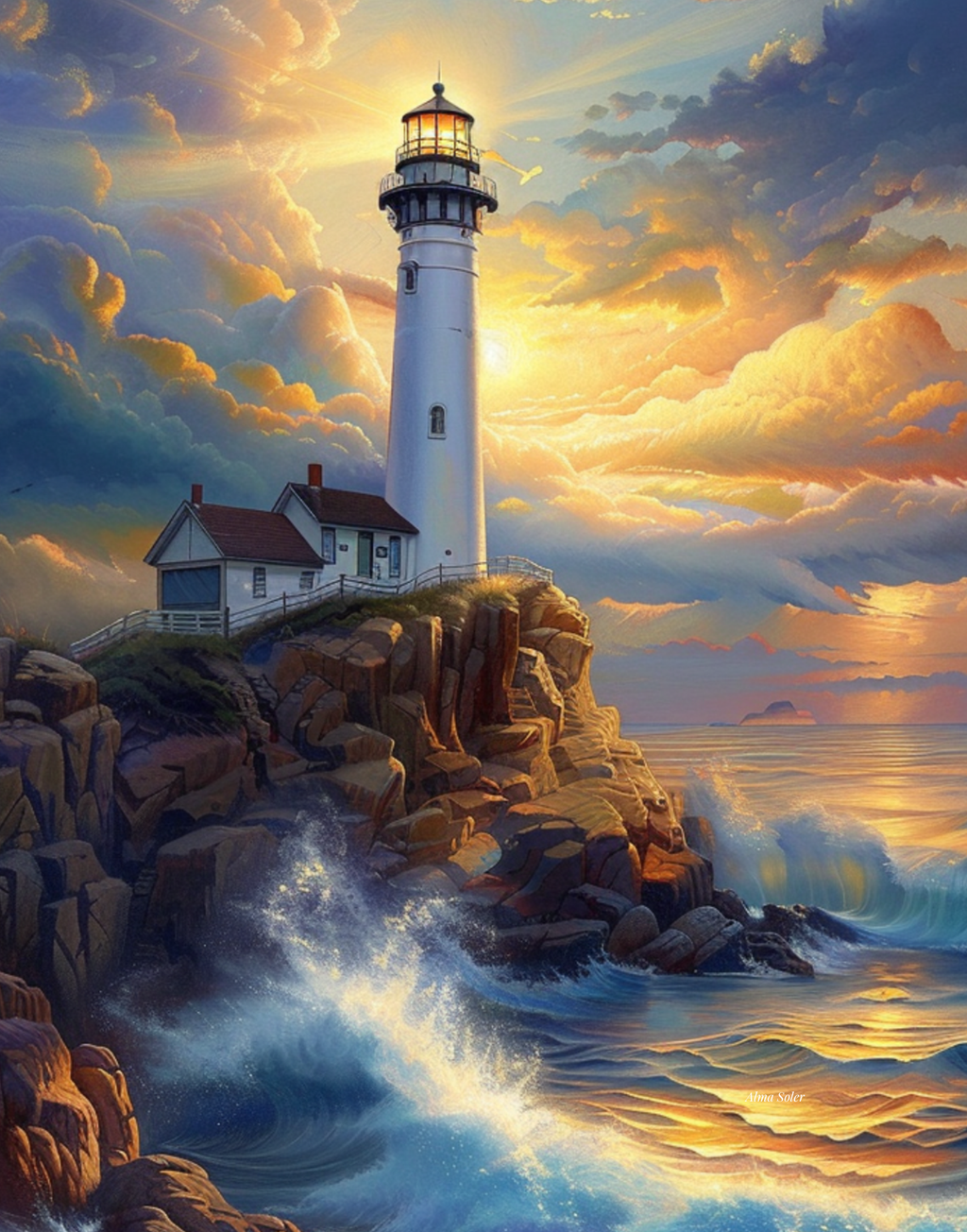 The Light That Never Sleeps — Coastal Lighthouse Oil Painting Digital Print