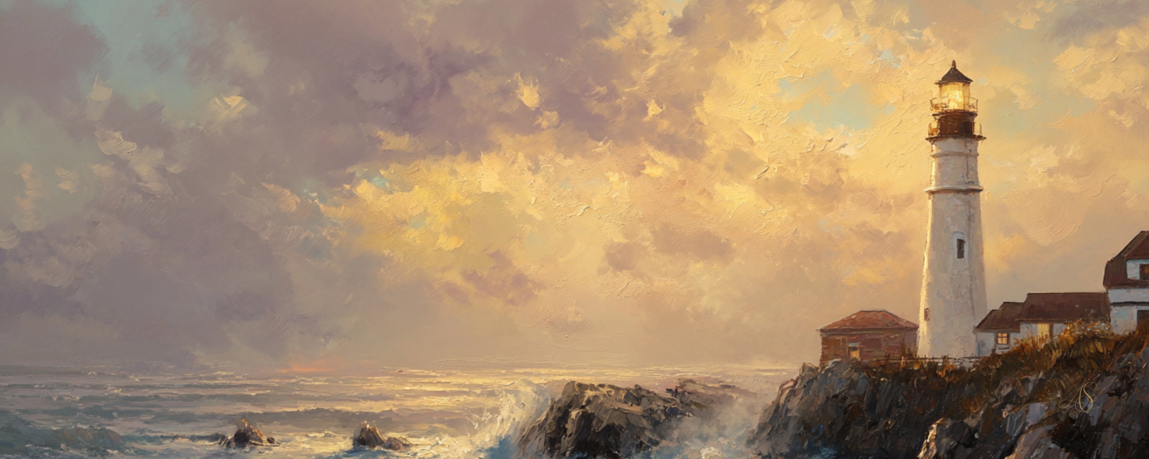 Lighthouse at First Light — Digital Art Print — 40x16 in (panoramic)