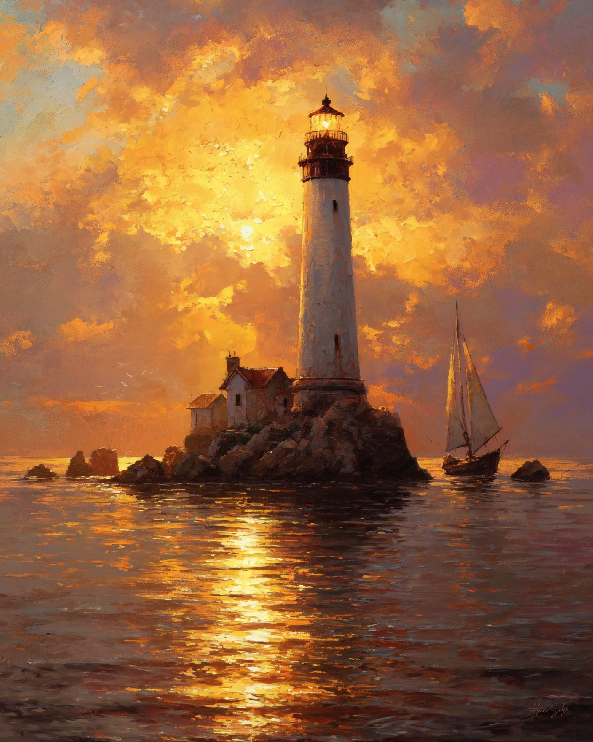 Lighthouse in Golden Fire — Digital Art Print