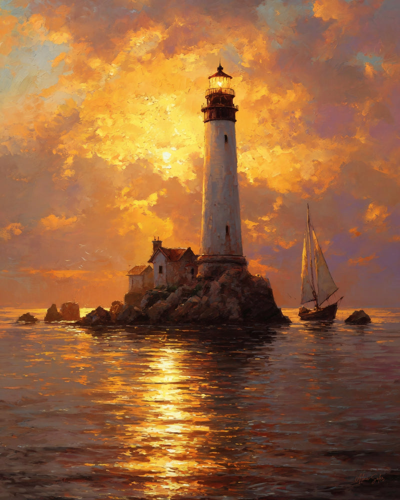 Lighthouse in Golden Fire — Digital Art Print